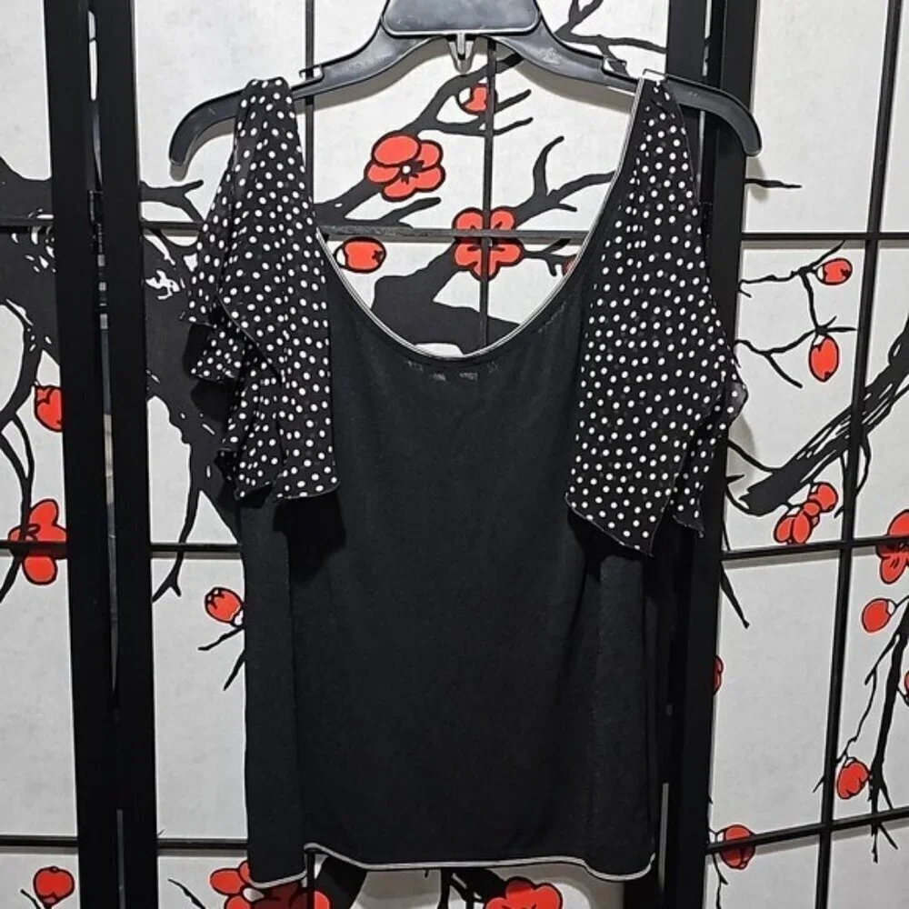 Escada Polkadot Silk Open Sleeve Blouse Top Size Large